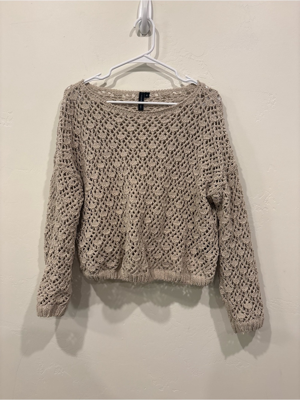 moon & madison Open-Knit Scoop Neck Sweater in Beige